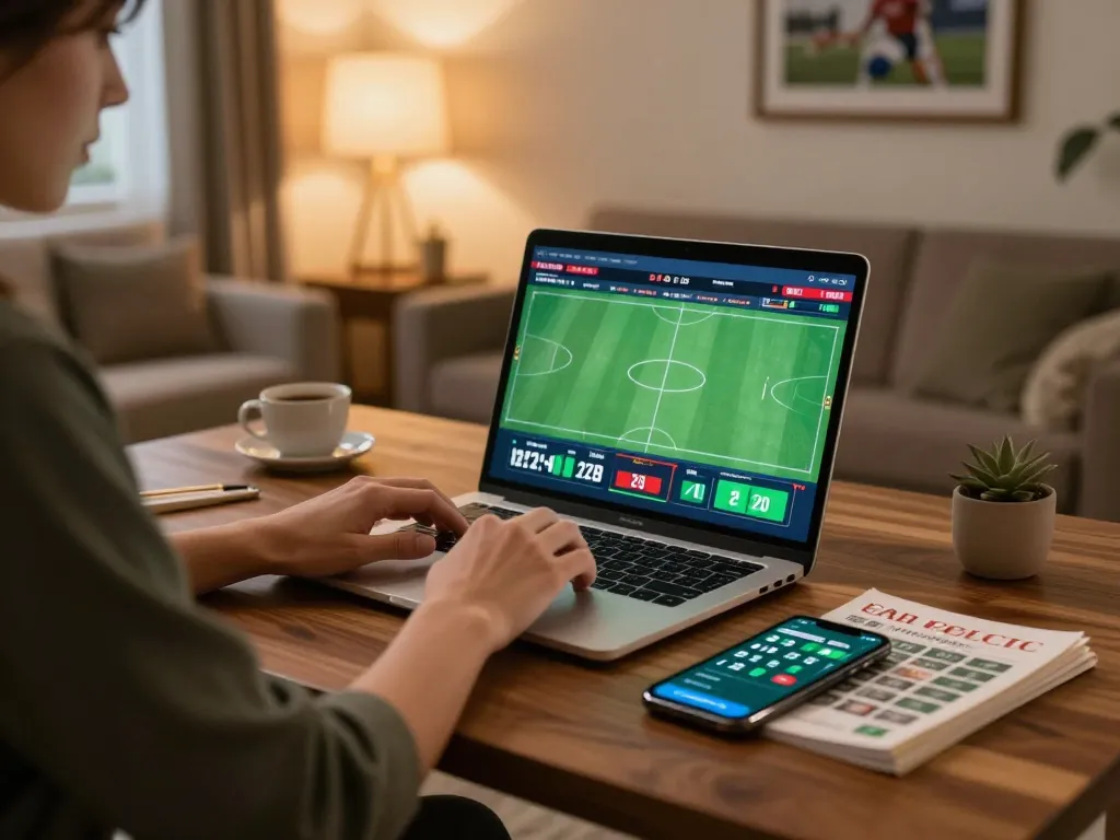 Engaging in thể thao MM88 sports betting at home with a laptop and smartphone in a cozy setting.