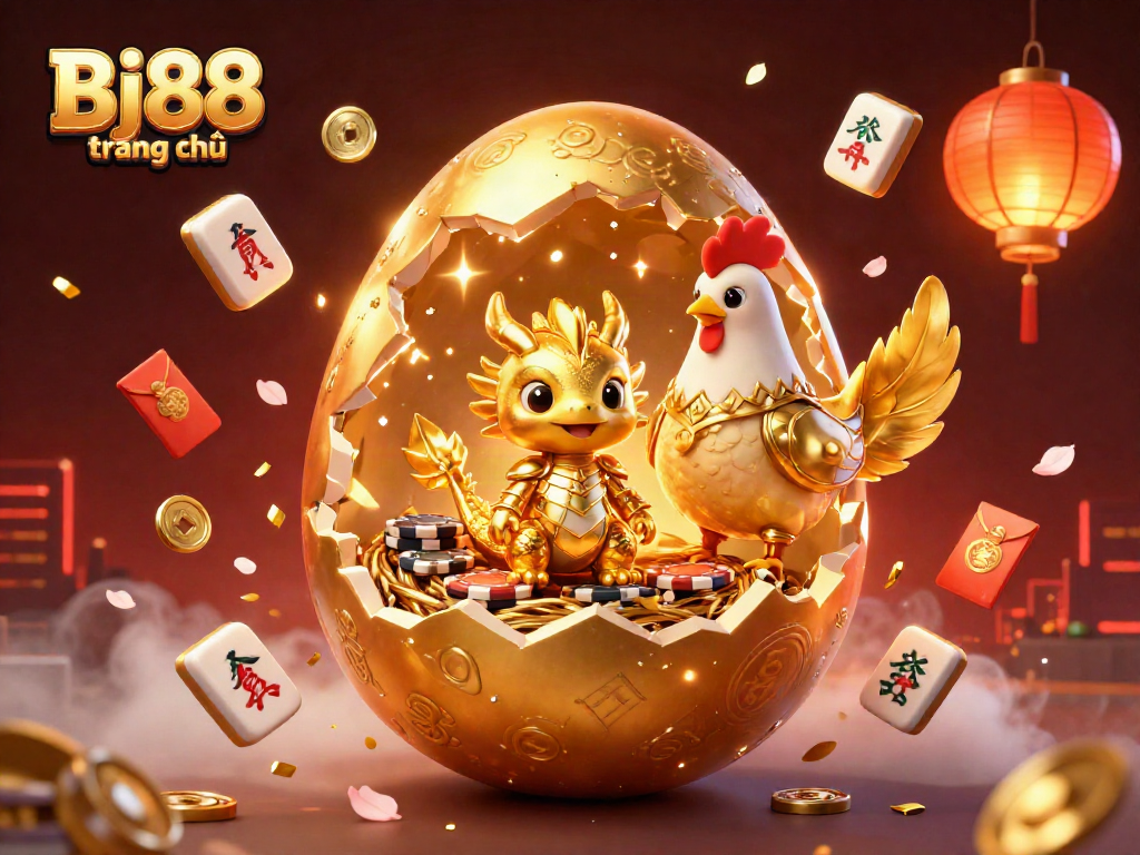 Bj88 trang chủ showcases a baby dragon on poker chips with festive elements in an exciting casino scene.