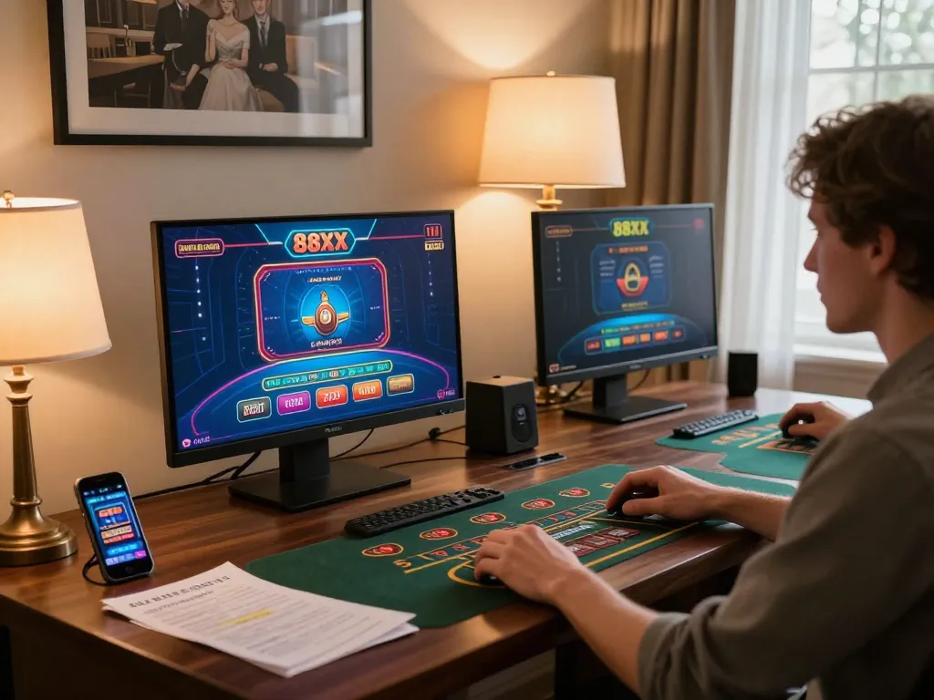 Engaging in strategic gameplay on 88xx casino app while enjoying a cozy home environment