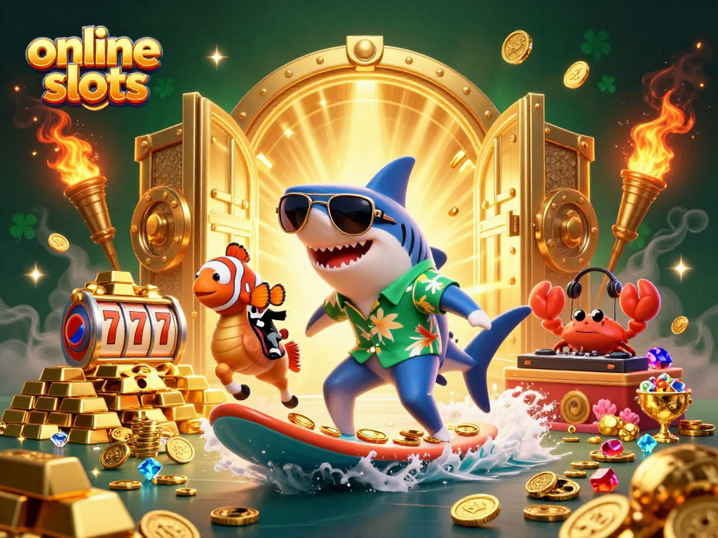 Surf thrilling online slots with vibrant characters amidst gold coins and gems.