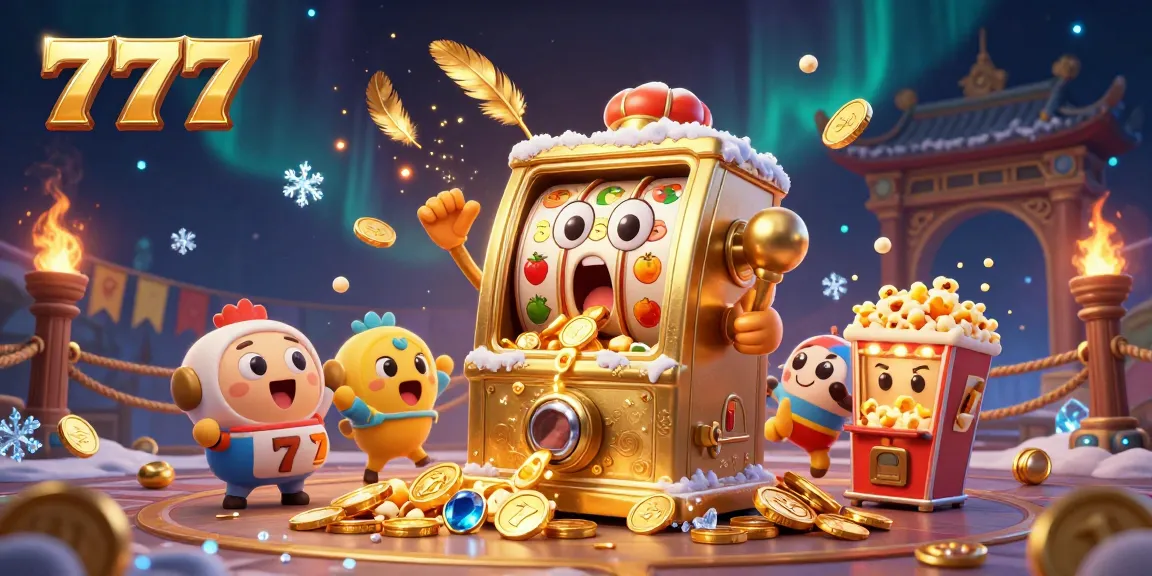 Engage with 777 slot machines and joyful characters celebrating jackpots in a vibrant casino scene.