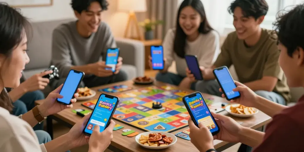 Friends playing Rumble Rummy on smartphones in a cozy living room.