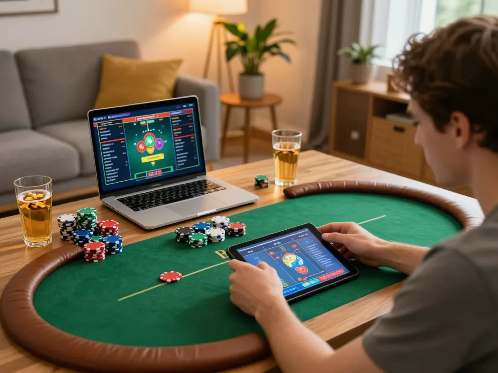 Engaging online poker gameplay on a tablet at home shows KU3933 strategy in action