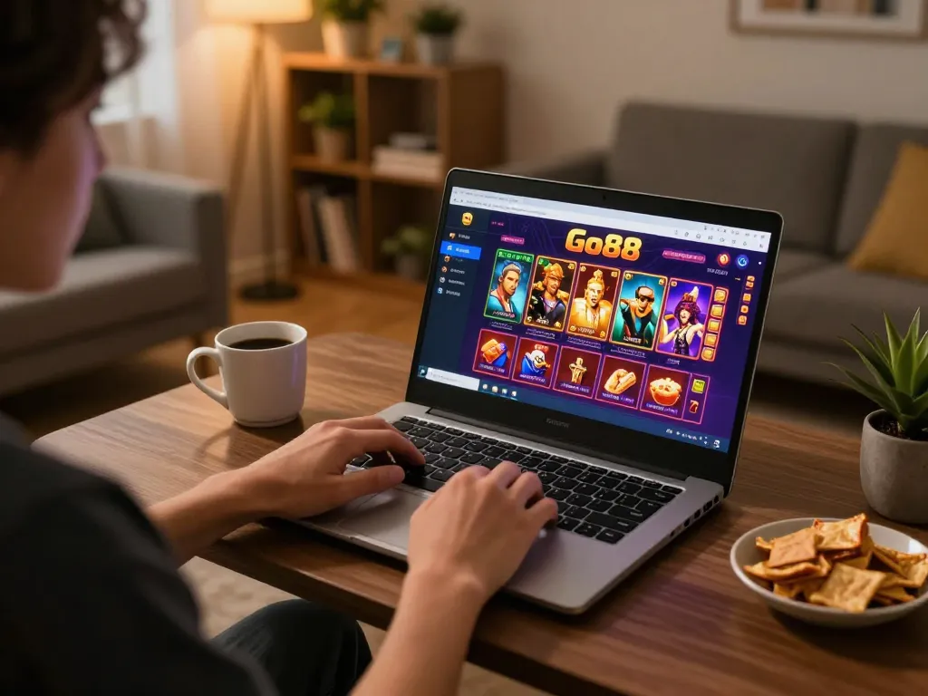 Tải Go88 on a laptop for seamless online casino gaming experience in a cozy home setting.