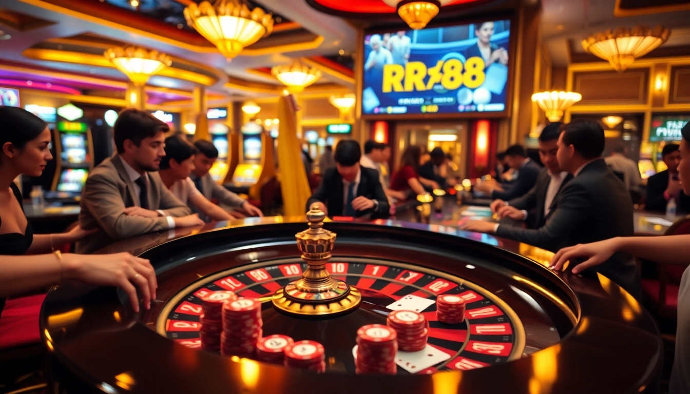 Players enjoying high-stakes gambling at RR88 with roulette and poker games.