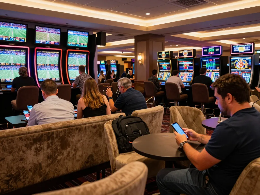 8xbet patrons placing bets on sports events in an emotionally charged casino environment.
