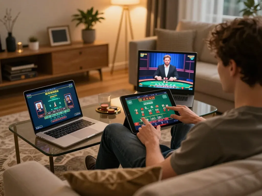 Player enjoying live blackjack on xx88 while analyzing strategies at home