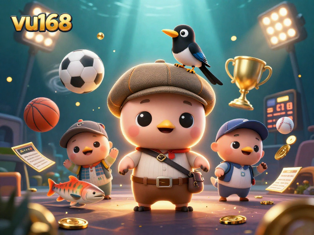 Engage with vu168 through an exciting 3D scene of playful characters amidst dynamic sports betting elements.