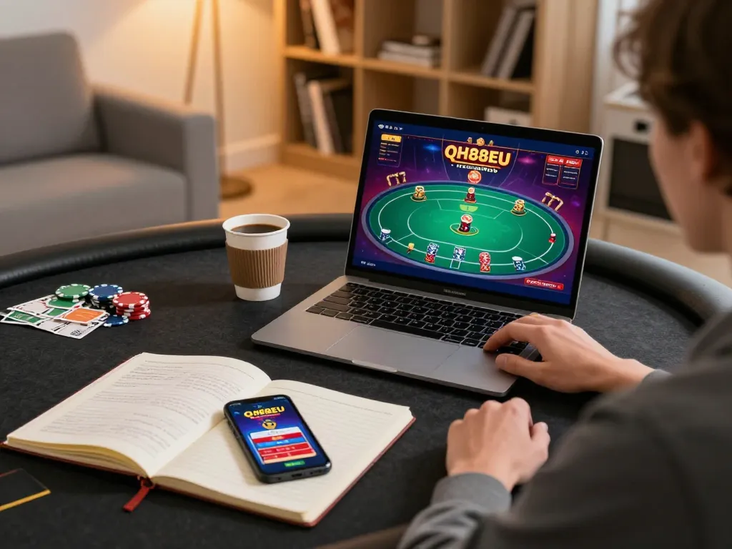 Engaging in poker using the qh88eu online platform from a cozy home setup.