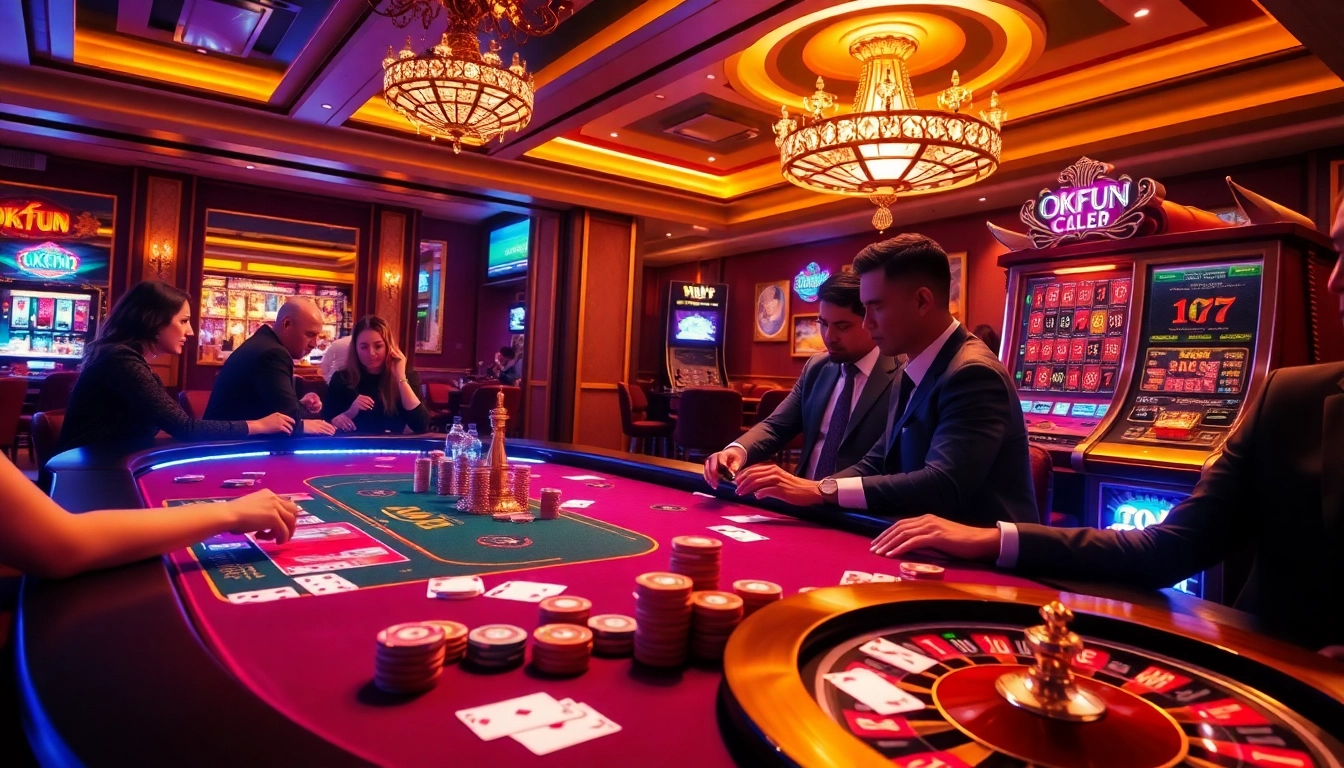 Engage in an exhilarating game at OKFUN casino featuring poker chips and a roulette wheel.