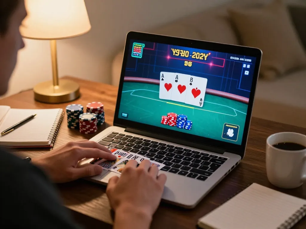 Player enjoying online poker on 888vi platform, showcasing vibrant chips and deep strategy