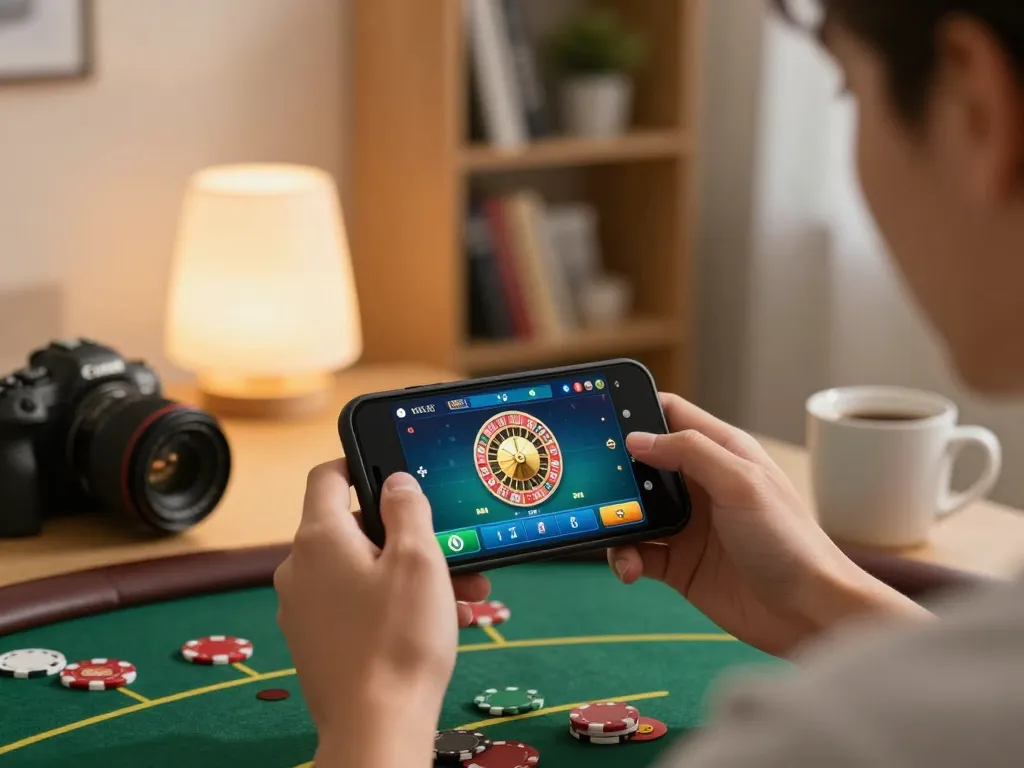 Fly88 player engaging with online casino app in comfortable home setting