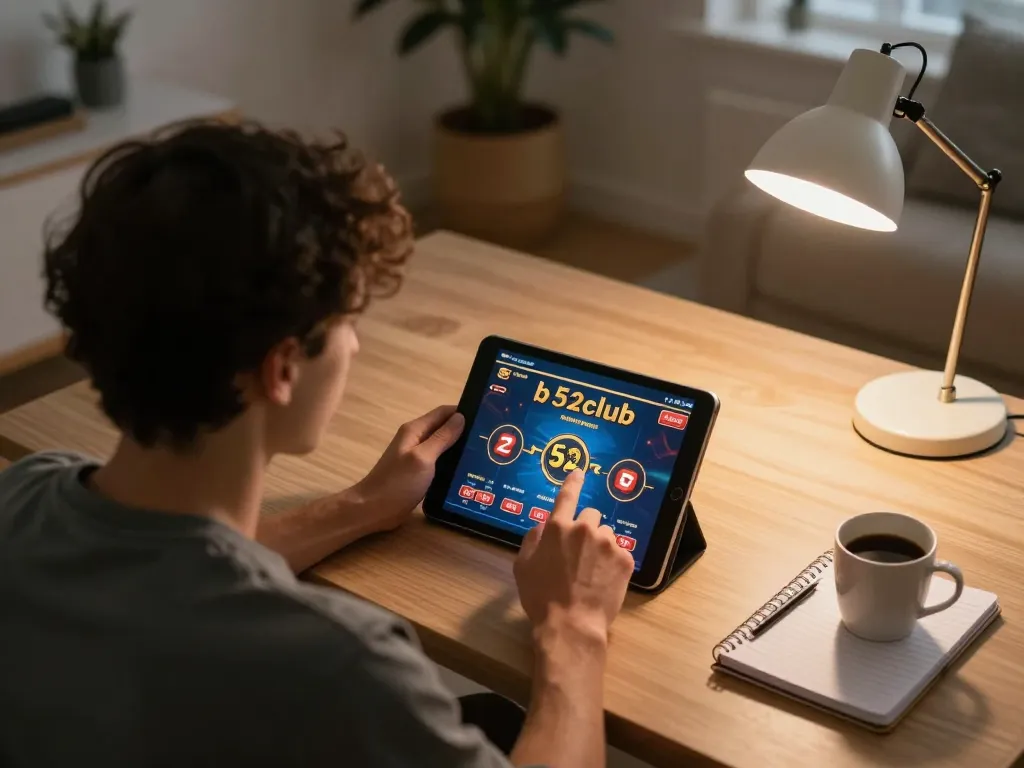 Gamer enjoying the b52club experience on a tablet in a cozy home setting.