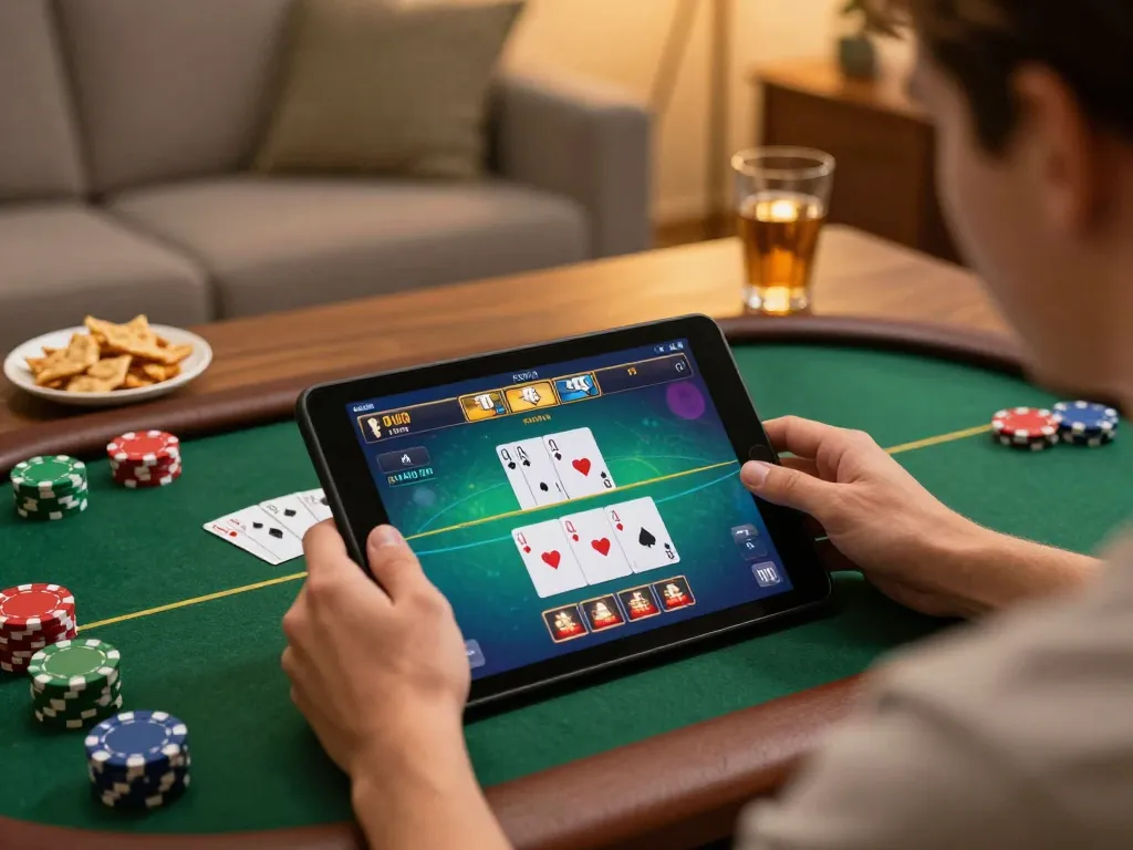 Engaging poker gameplay on tablet showcasing playstation-experience in a cozy home setting.