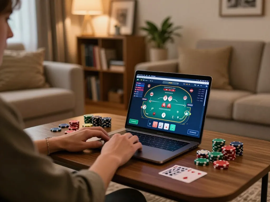 Player engages in online gambling on RR88 with poker chips and cards displayed in a cozy living room.