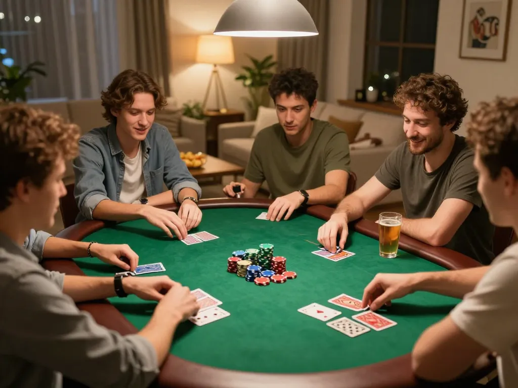 IWIN68 poker night with friends at home, showcasing a competitive atmosphere and strategies shared.