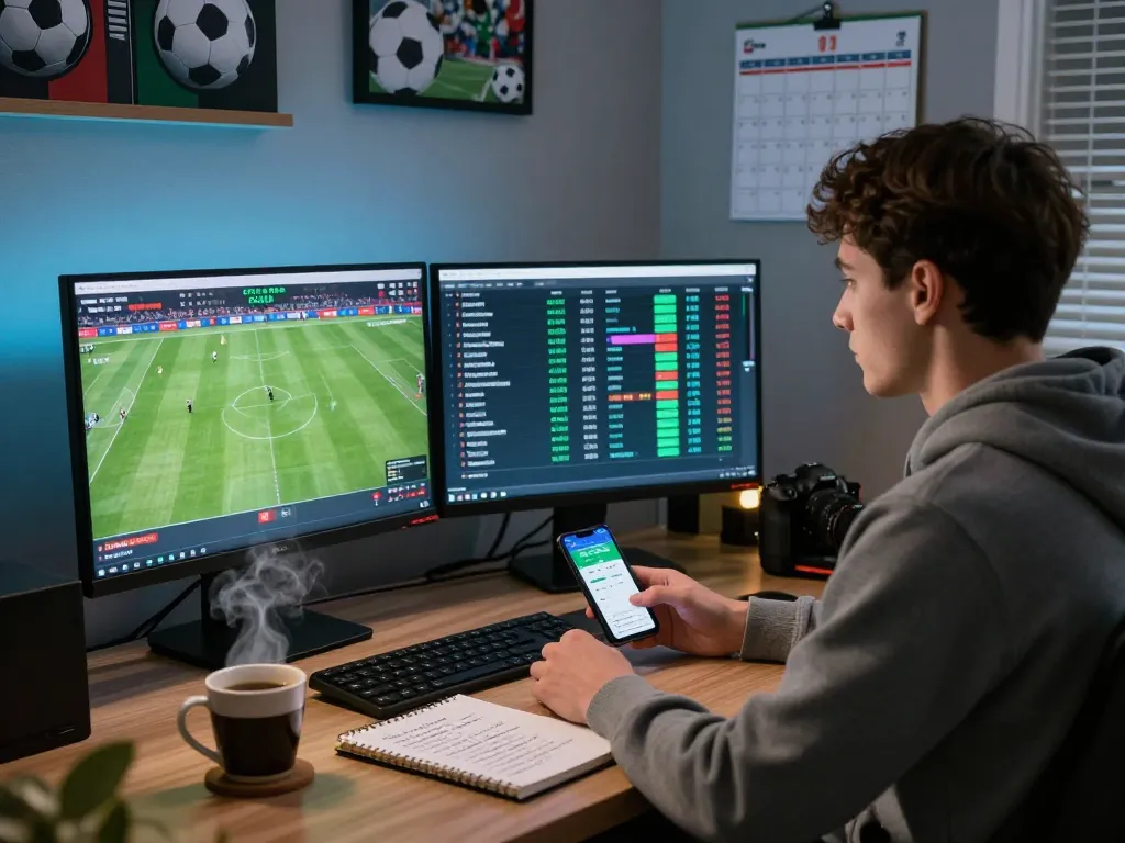 Real-time sports betting analysis with tỷ lệ kèo bóng đá displayed on multiple screens in a modern home office.