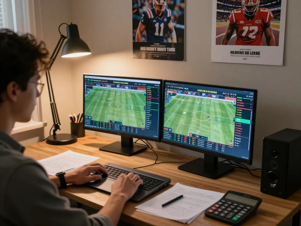 Engaging scene of betting on kèo nhà cái with a person analyzing sports odds on a laptop at home.