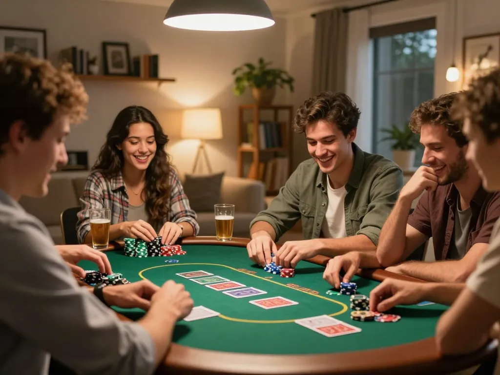 Friends enjoying poker night at home with the MM99 COM vibe, showcasing lively gameplay and camaraderie.
