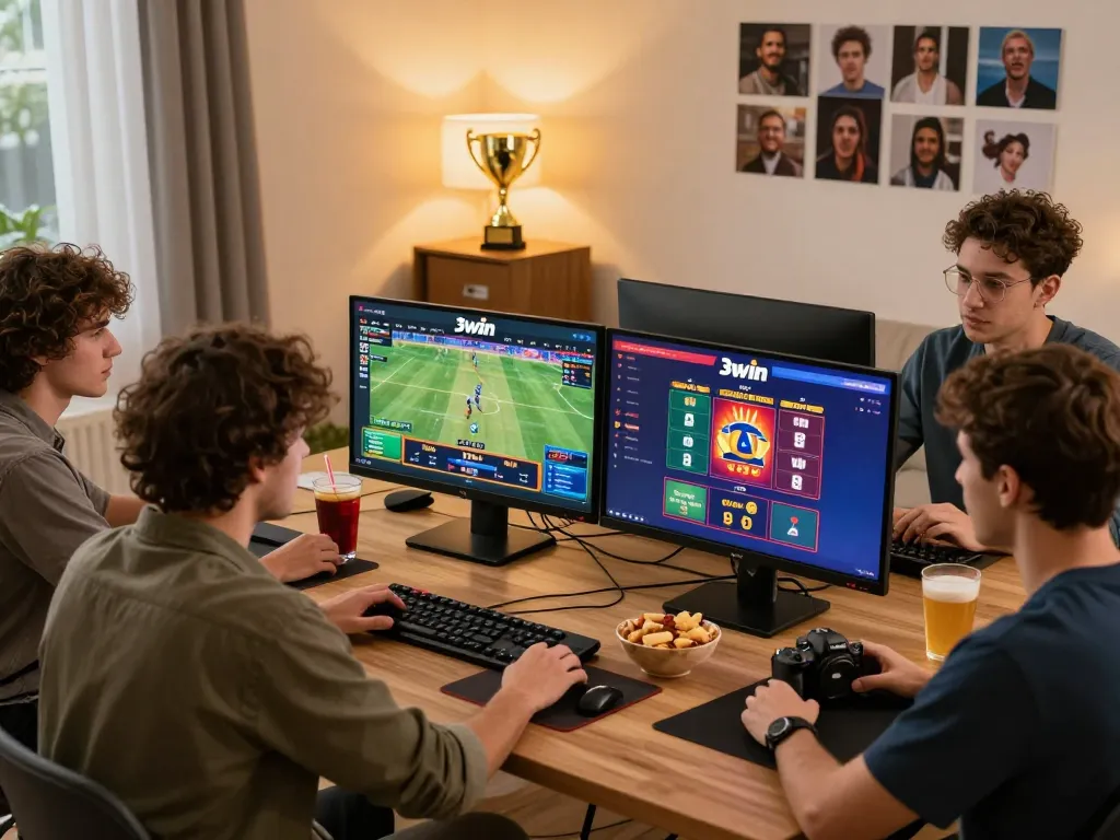 Engaged friends enjoying online betting at 3win with excitement and community atmosphere.
