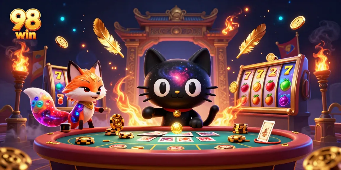 A stunning display of a cosmic casino scene with a black hole cat attracting winnings, celebrating 98 win to grab player attention.