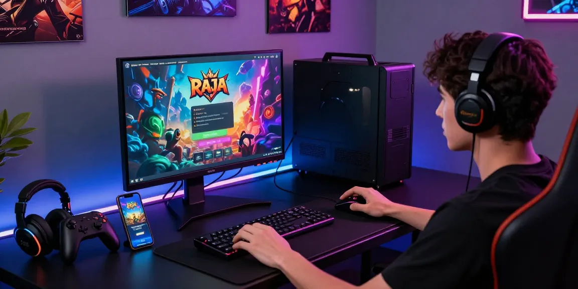 Raja Game login interface displayed on a high-end gaming monitor during an immersive gaming session.