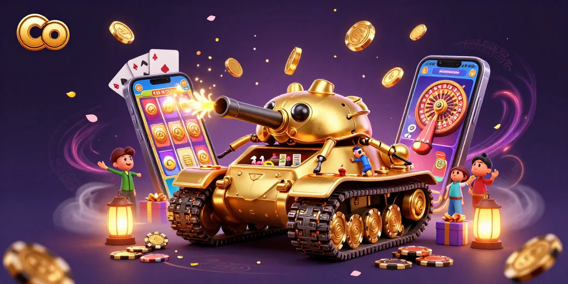 Win big with co's immersive 3D casino experience featuring a golden beetle tank and vibrant slot games.