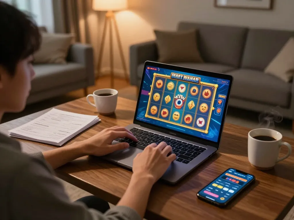 Engaging in slot mahjong gameplay on a laptop in a cozy home environment, showcasing strategy notes and betting app for responsible gaming.