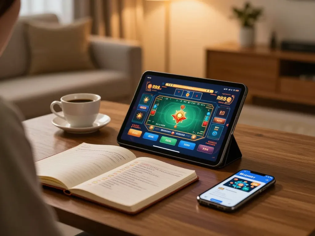 Engaging in online gaming on RR88 SELECT app at home with strategic notes and cozy atmosphere