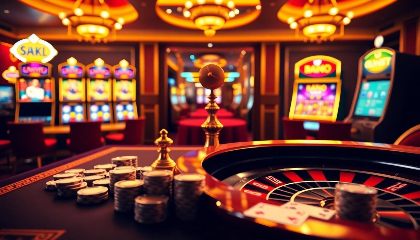 Experience the excitement of King88 com with an elegant online casino interface featuring vibrant tables and slot machines.