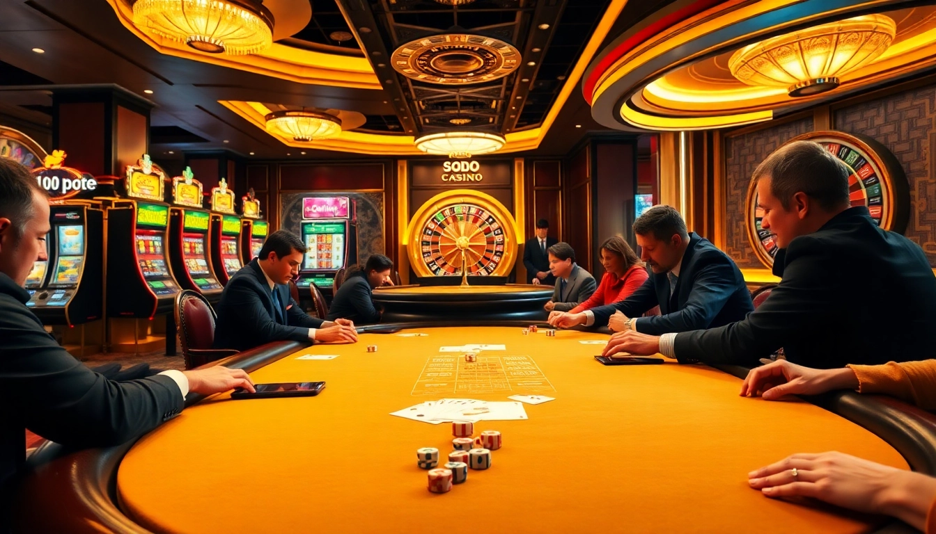 Engaging casino action at SODO CASINO with poker tables and colorful slot machines.