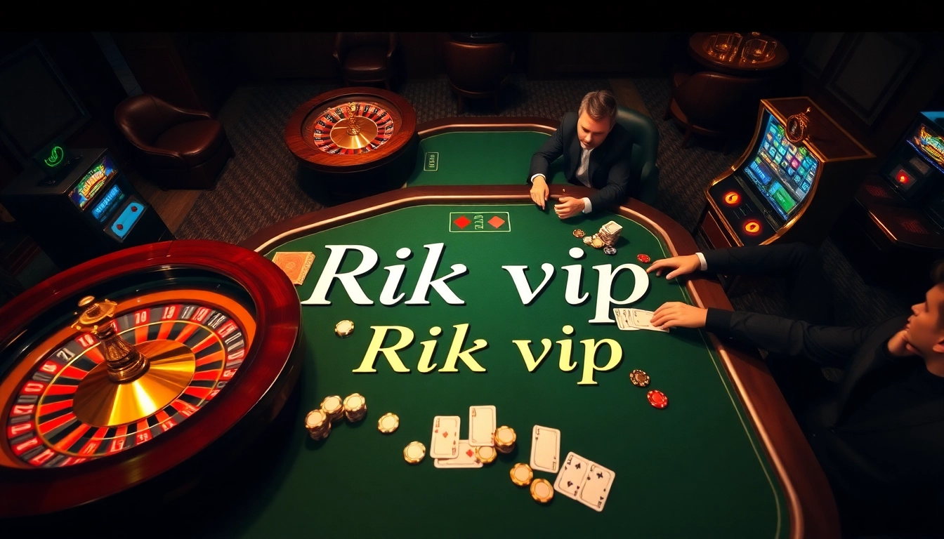 Exciting Rik vip casino scene featuring players at a high-stakes poker table surrounded by vibrant gambling elements.