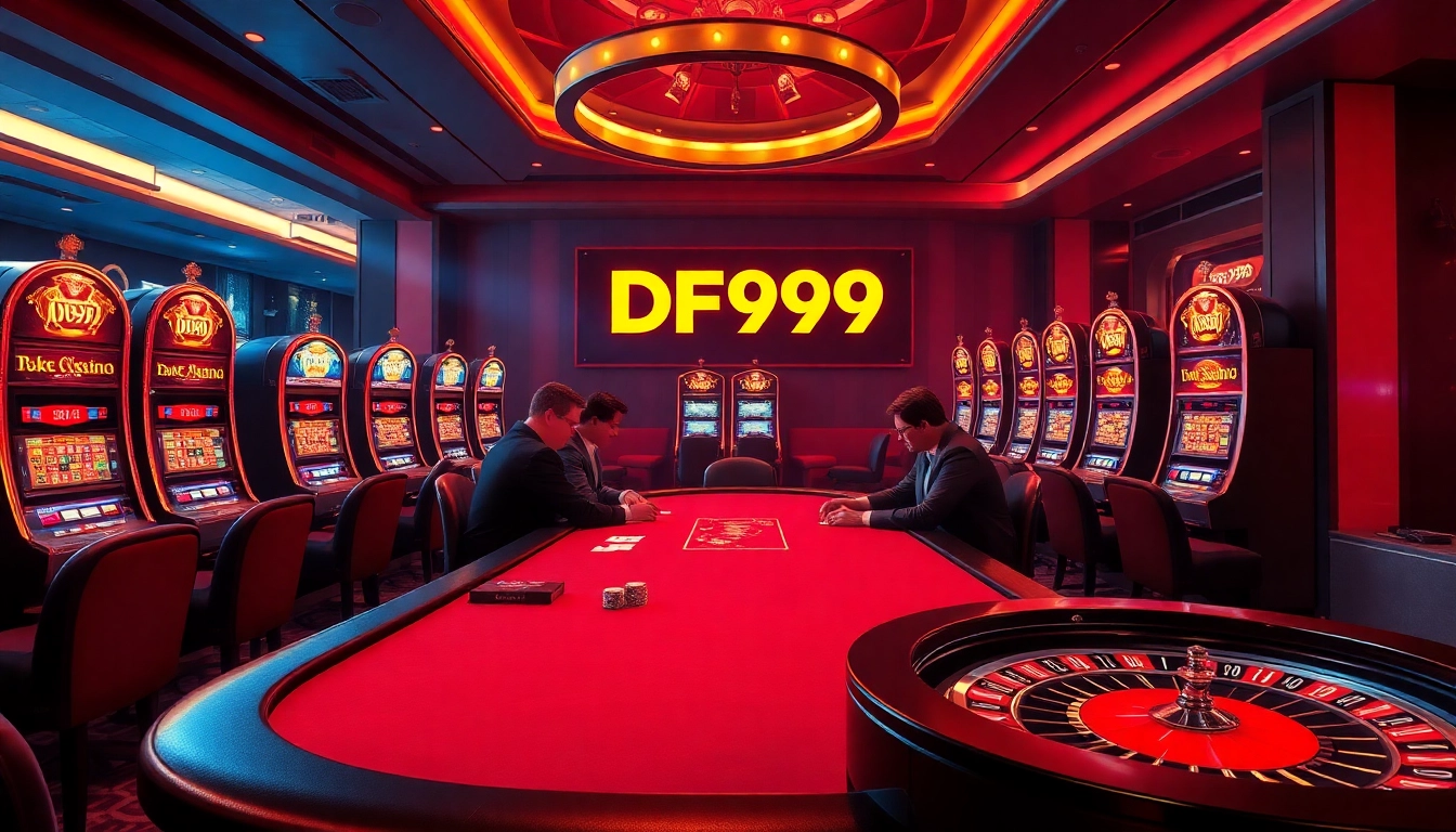 Exciting poker game featuring DF999 branding with vibrant casino elements.