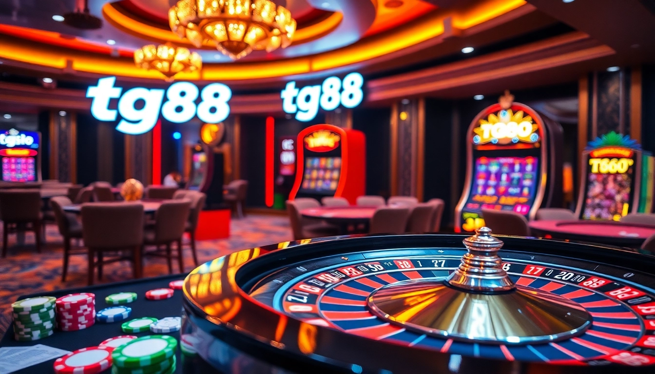 The thrilling tg88 casino environment featuring a roulette wheel, poker chips, and a jackpot slot machine.
