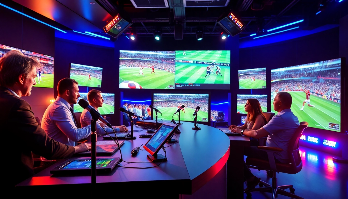 Engaging sports broadcasting studio with presenters amid vibrant LED lighting.