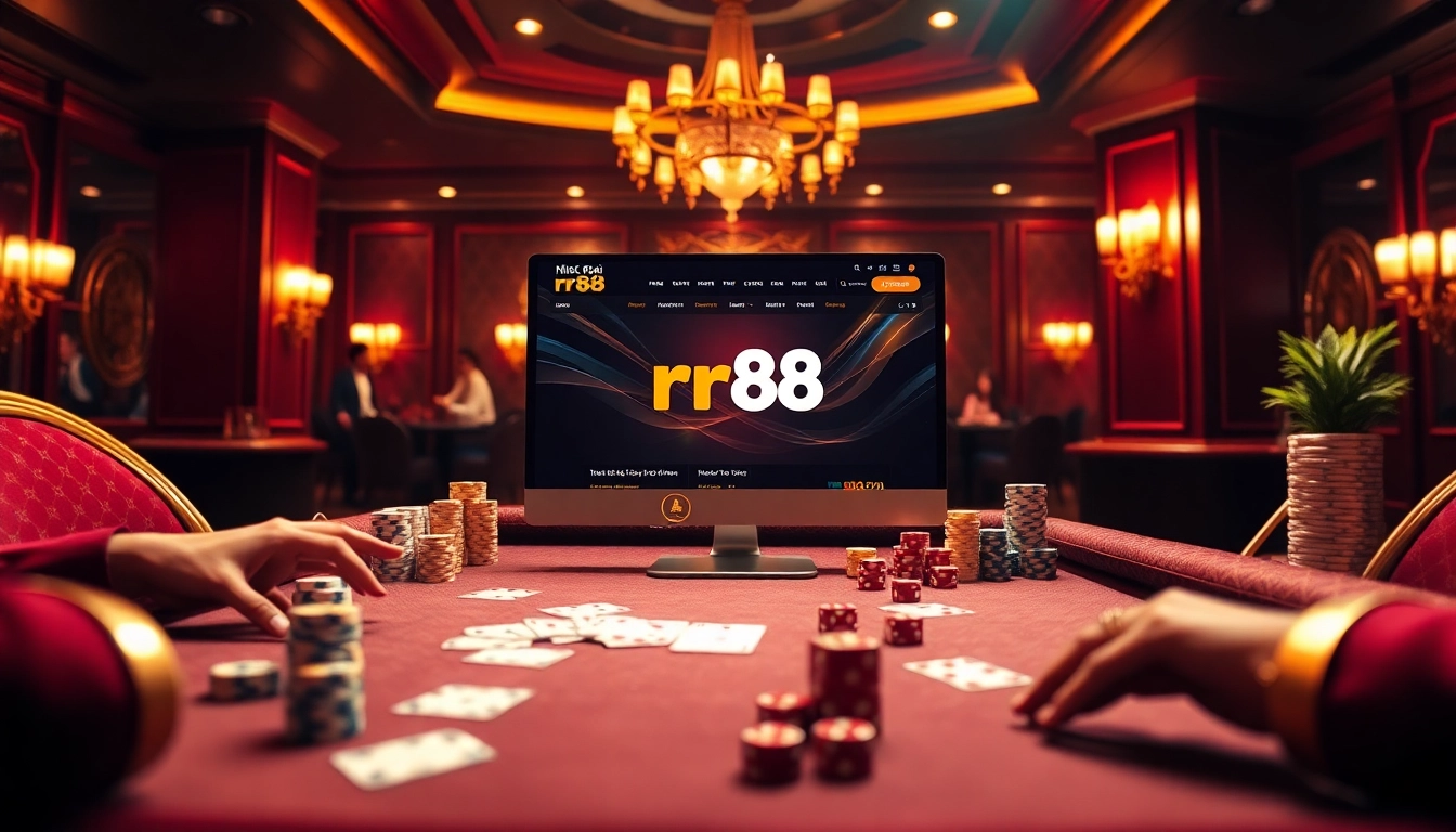 Join the excitement at nhà cái rr88, featuring casino tables, vibrant chips, and thrilling gameplay.