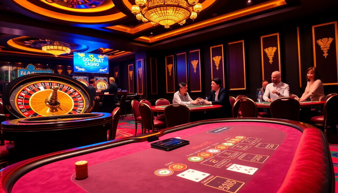 Experience thrilling gaming action at https://go99.institute/ with vibrant casino tables, cards, and roulette wheels.