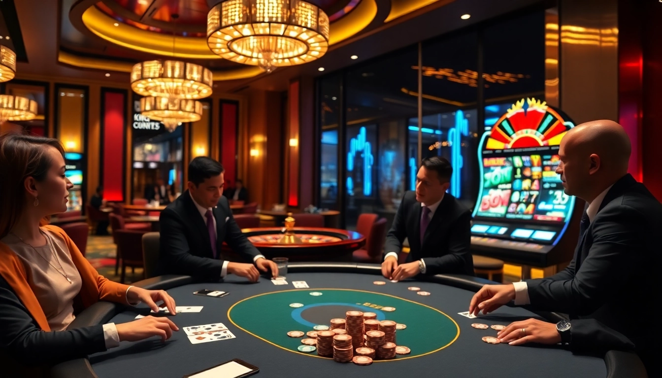 Experience high-stakes excitement at king 88 with a vibrant casino scene showcasing poker and roulette.