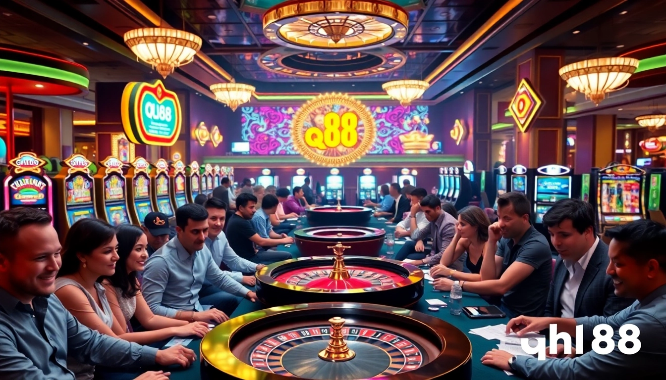 Experience exciting gameplay at qh88 with vibrant slot machines and poker tables in a luxurious setting.