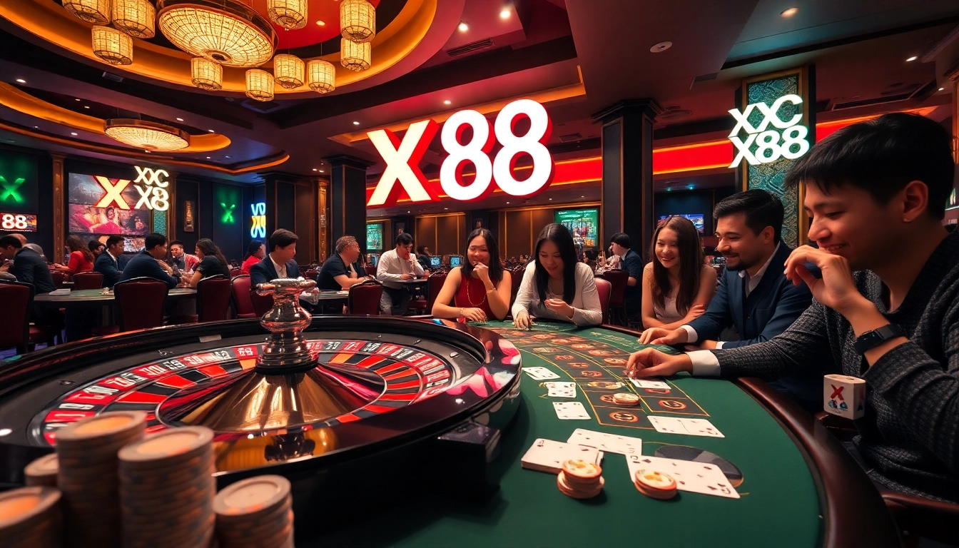 Experience the thrill of XX 88 gaming with poker chips and a roulette wheel in a luxurious casino setting.