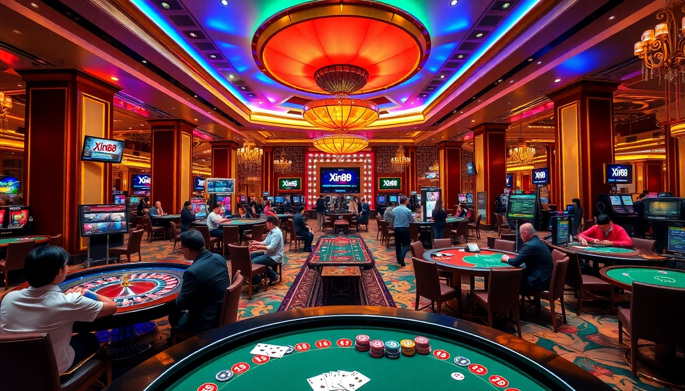 Xin88 players engaging in exciting poker and roulette games in a luxurious casino atmosphere.