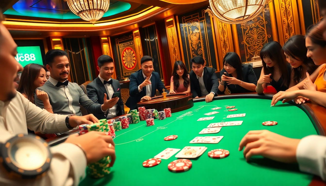 Engaging poker players at a vibrant Nc88-themed casino table, showcasing excitement and strategy.