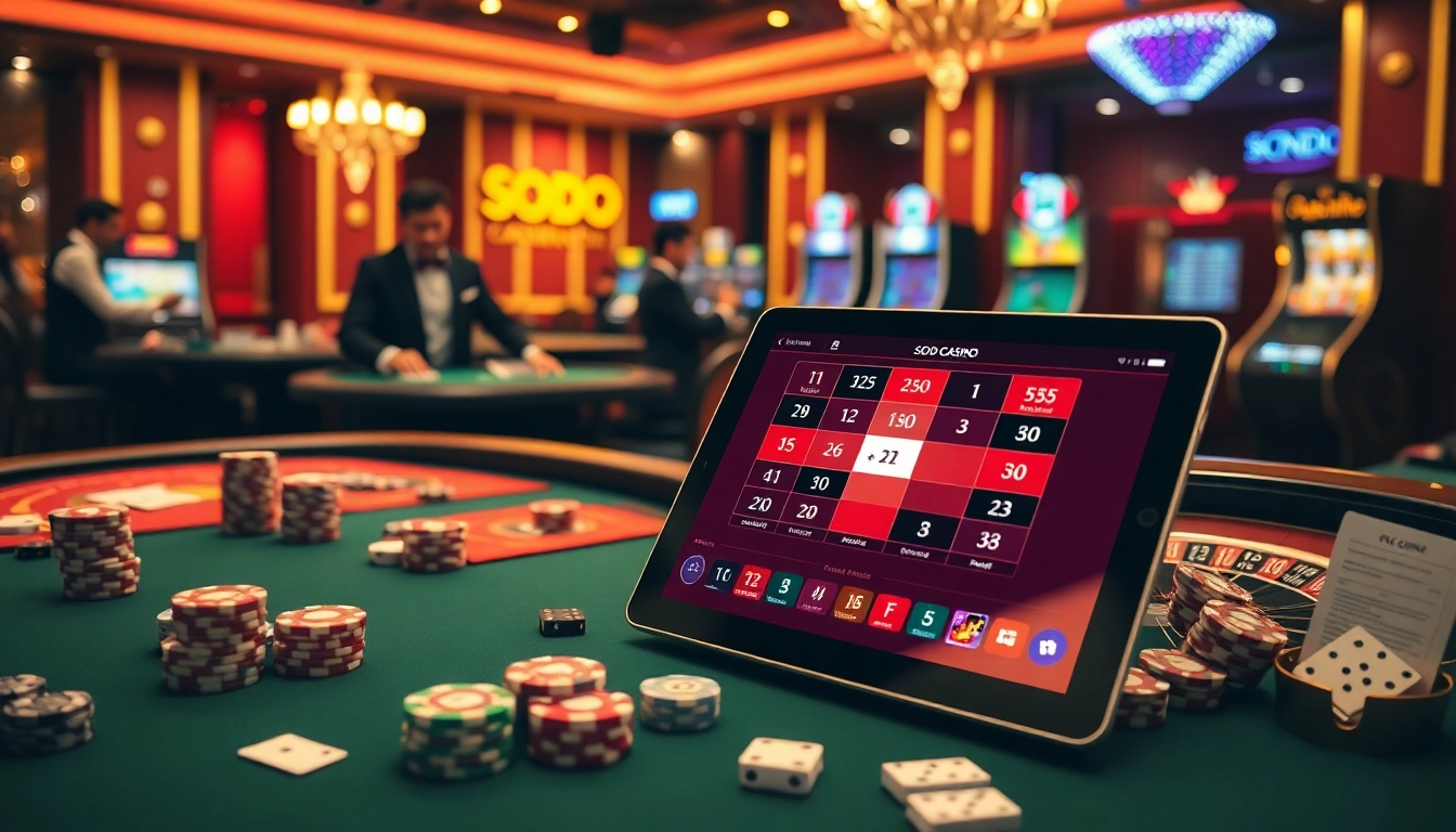 SODO CASINO gaming atmosphere with vibrant tables, chips, and an immersive online interface.