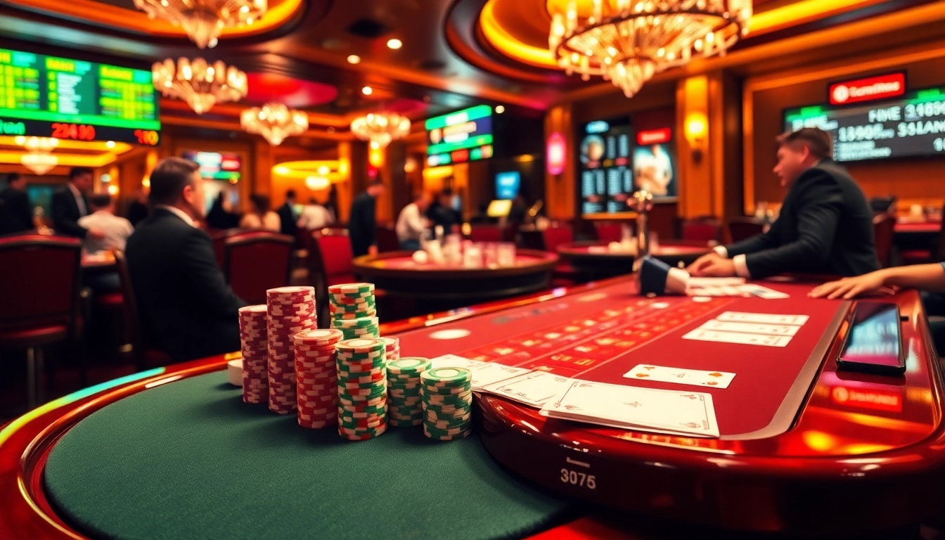 Engaging gamblers at a poker table in a high-stakes casino atmosphere featuring bongdalu betting slips.