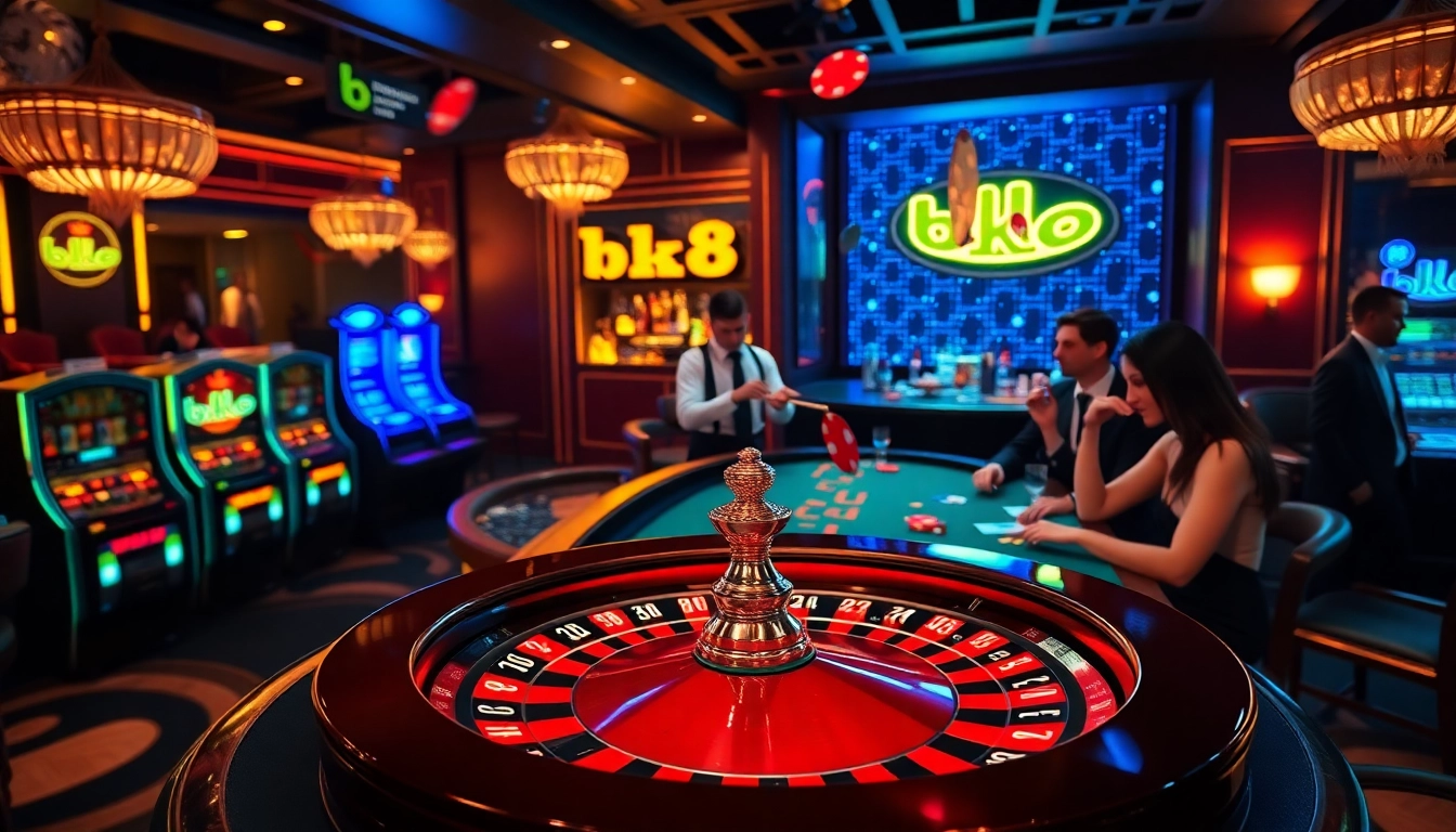Experience the thrill of bk8 เครดิตฟรี at a vibrant casino scene featuring roulette and poker chips.