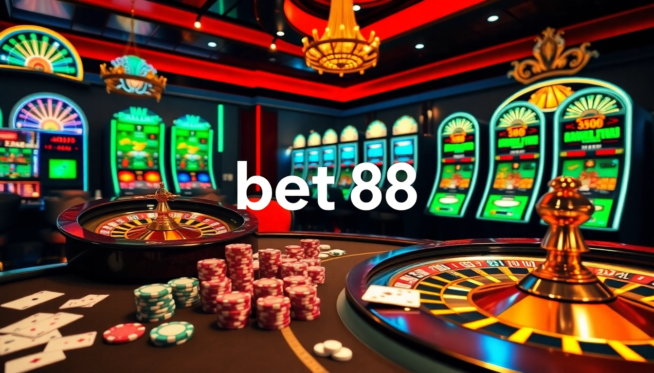 Experience the thrill of bet 88 with vibrant casino tables and engaging slot machines in a luxurious setting.