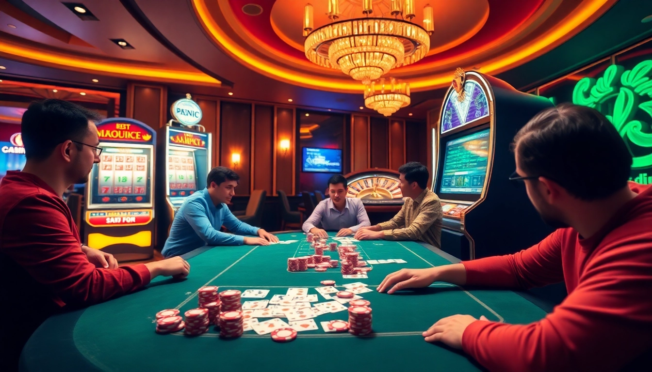 Players enjoy a thrilling game at nhà cái kjc's luxurious casino, featuring high-stakes poker and vibrant slot machines.