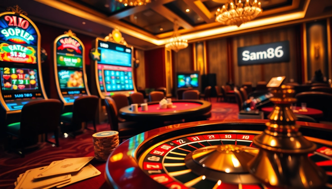 Experience the excitement of gambling at Sam86 with vibrant slot machines and an engaging poker table.