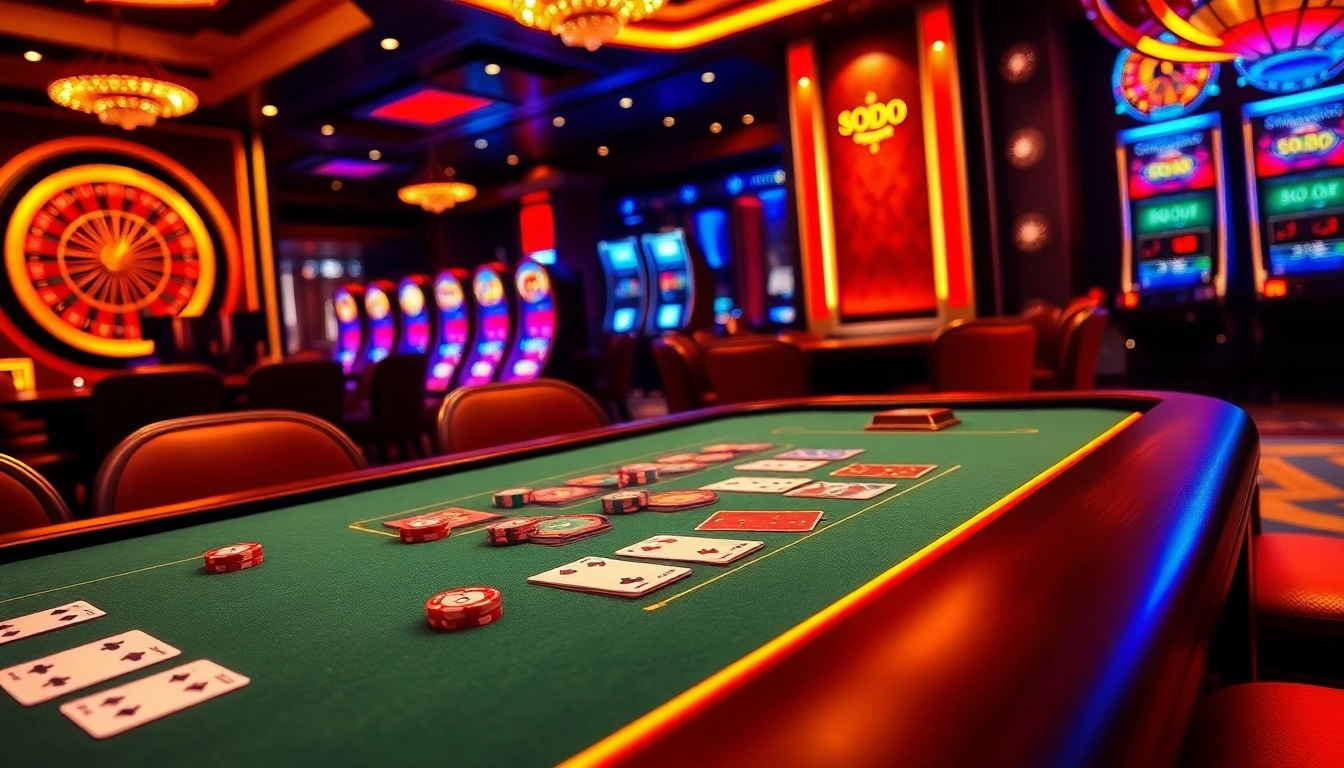 SODO 66 casino table showcasing vibrant poker chips and illuminated slot machines