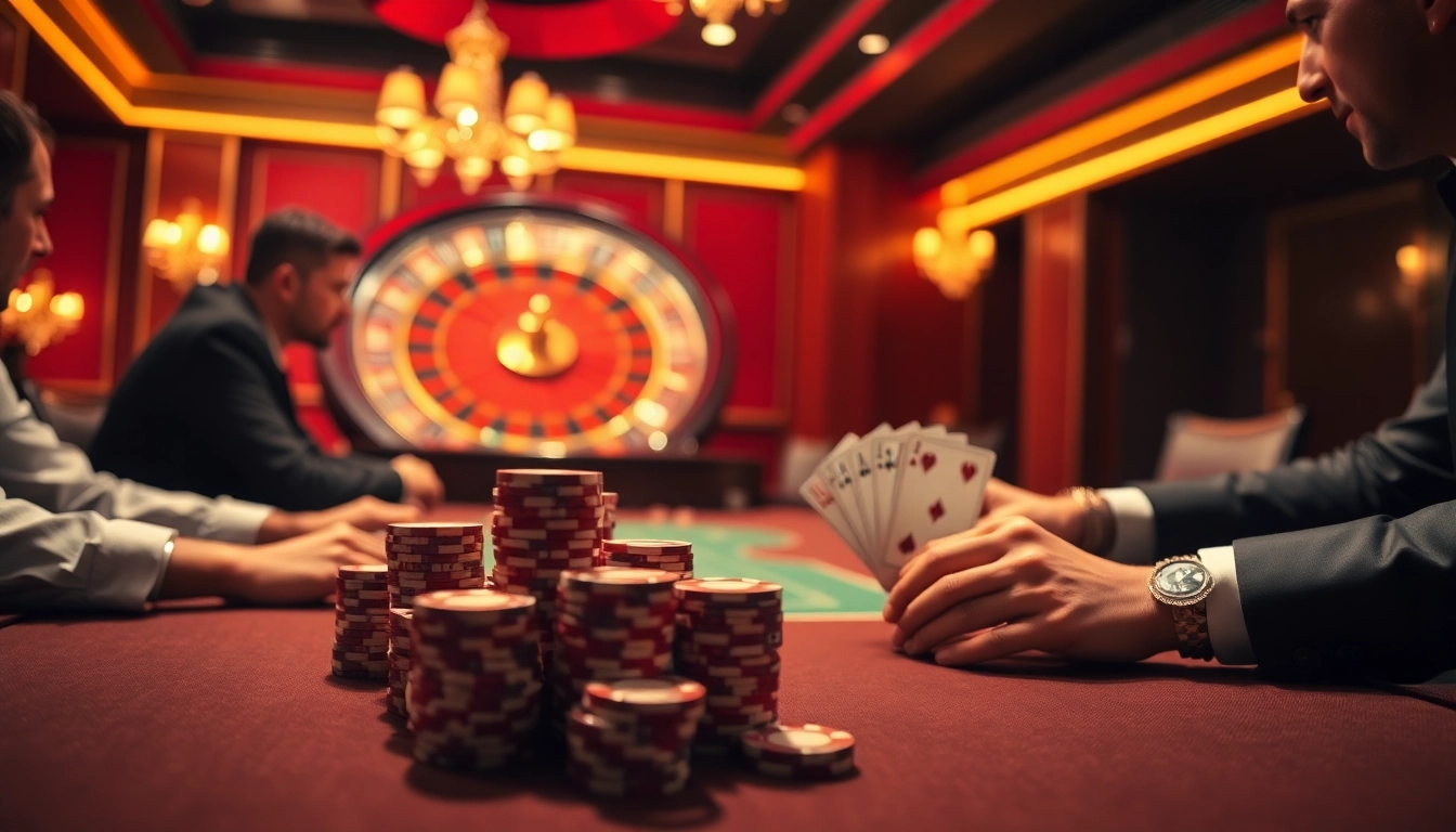 A captivating casino scene showcasing poker excitement with co88 chips and a spinning roulette wheel.